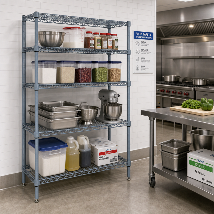 Product image #2 for Quantum Stationary Wire Shelving Starter Kit, 36"W x 21"D x 74"H, 5 Shelves, Gray Epoxy Antimicrobial Finish