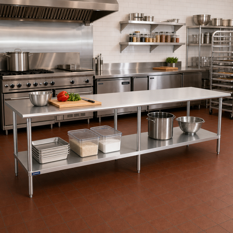 Product image #2 for Sapphire Manufacturing 120" x 18" 18-Gauge 400 Series Stainless Steel Work Table with Adjustable Undershelf