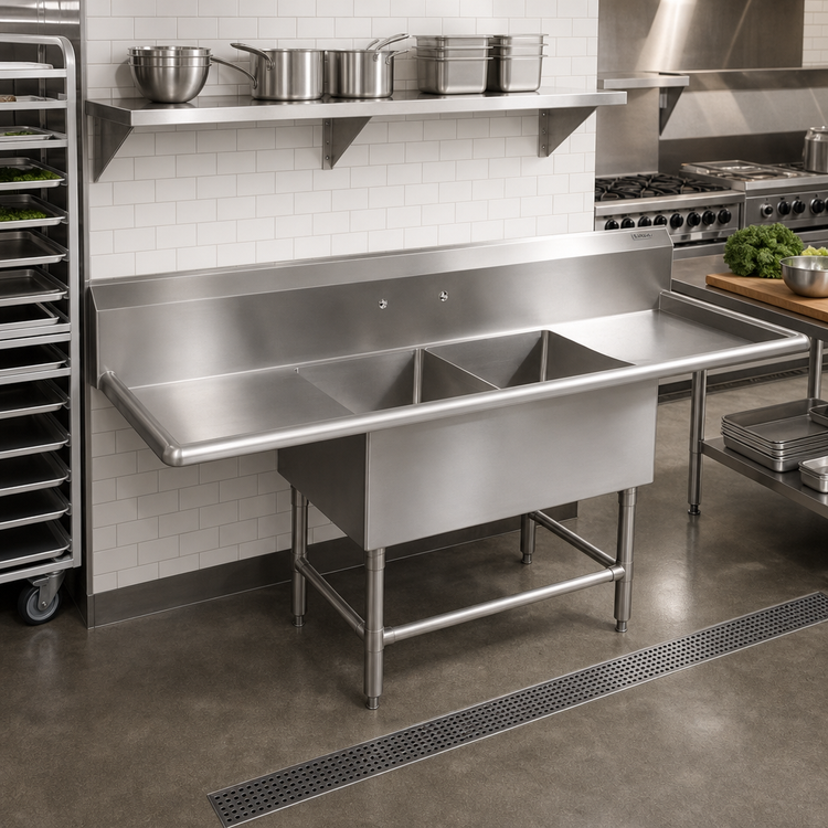 Product image #2 for John Boos Pro-Bowl 2-Compartment Stainless Steel Sink with Left and Right Drainboards, 99-1/4 Inch W x 23-1/2 Inch D