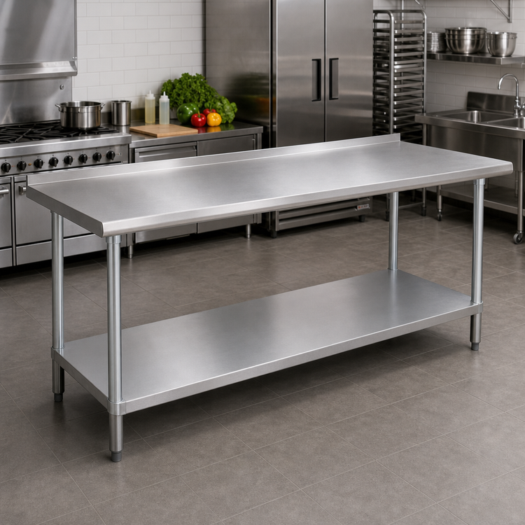 Product image #2 for Advance Tabco 108-Inch x 36-Inch 16-Gauge 430 Stainless Steel Work Table with 1-1/2-Inch Rear Up-Turn and Adjustable Undershelf