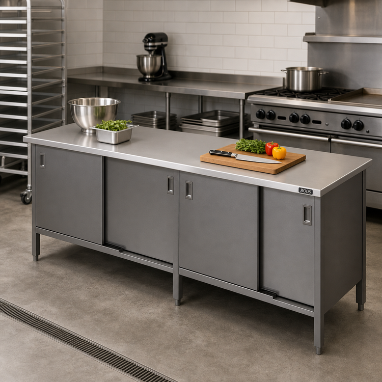 Product image #2 for John Boos Enclosed Stainless Steel Work Table Cabinet Base with Sliding Doors, 132W x 30D, 16-Gauge 300 Series Flat Top