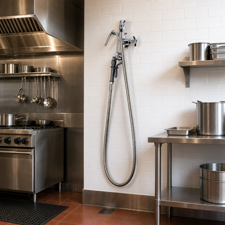 Product image #2 for Wall-Mount Pot and Kettle Filler Faucet with Vacuum Breaker, Stainless Steel Hose and Self-Closing Hook Nozzle