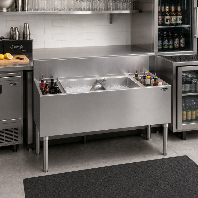 Product image #2 for Krowne Royal Series 46-Inch Underbar Speed Multi Station with 10-Circuit Cold Plate, Center Ice Bin, and Dual Bottle Wells