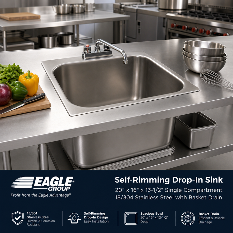 Product image #2 for Eagle Group Self-Rimming Drop-In Sink, Single Compartment, 20 x 16 x 13-1/2-Inch Bowl, 18/304 Stainless Steel, with Basket Drain