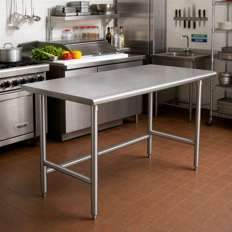 Product image #2 for Advance Tabco 48 Inch x 24 Inch 16 Gauge 430 Stainless Steel Open Base Work Table with 1-1/2 Inch Rear Up-Turn
