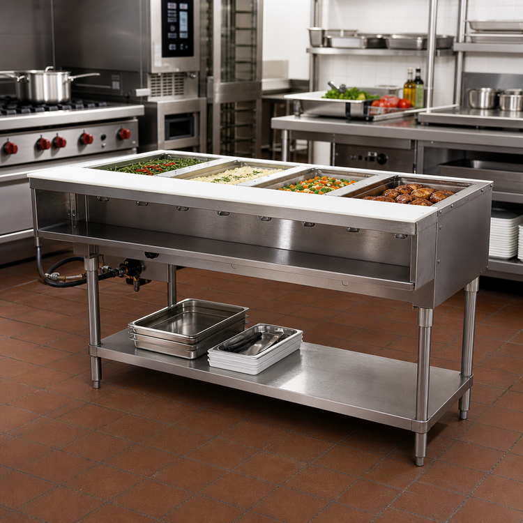 Product image #2 for Advance Tabco Triumph (Supreme) 4-Well Propane Gas Water Bath Hot Food Table with Cutting Board and Undershelf