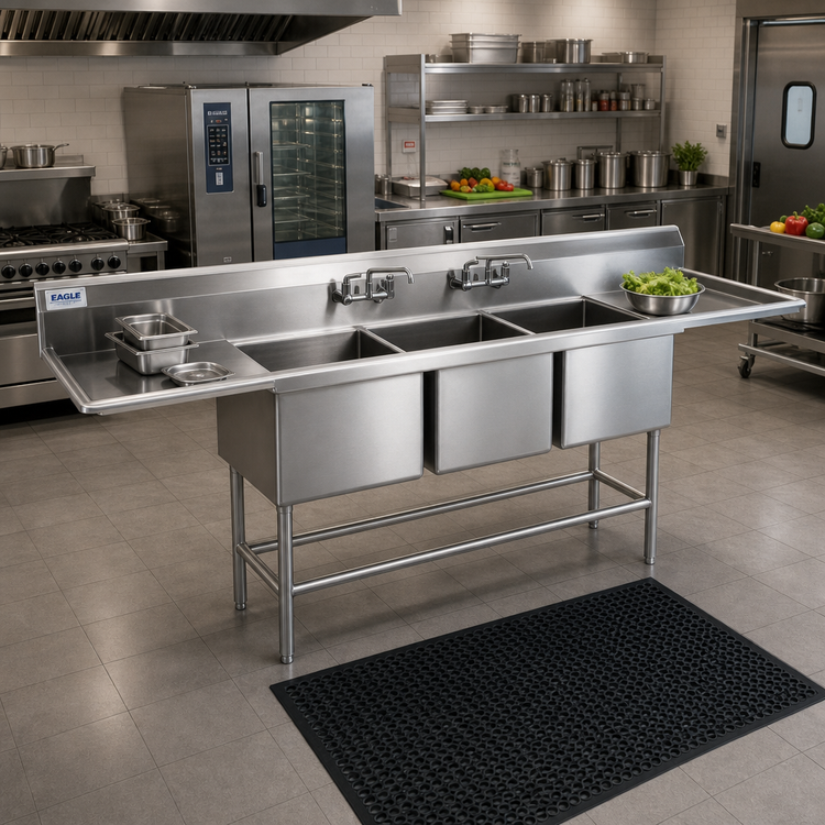 Product image #2 for Eagle Spec-Master FN2054-3-36-14/3 Coved Corner Three-Compartment Stainless Steel Sink with Dual 36-Inch Drainboards