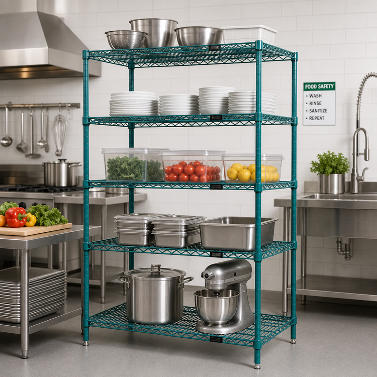 Product image #2 for Quantum 5-Shelf Stationary Wire Shelving Starter Kit, 42 x 24 Inches, Green Epoxy Antimicrobial Finish