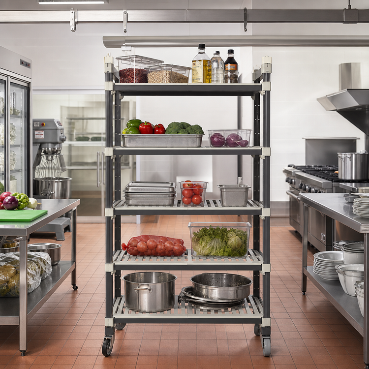 Product image #2 for Cambro Camshelving Elements XTRA High Density Top Rail 5-Tier Mobile Starter Unit Shelving, 24 x 60 x 80 Inches, Overhead Track