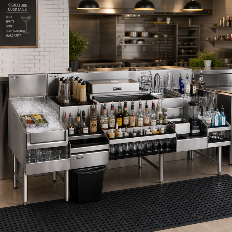 Product image #2 for Glastender 66 Inch All-In-One Underbar Ice Bin/Cocktail Station with Blender Shelf, Wet Waste Sink, Speed Rail, and Liquor Display