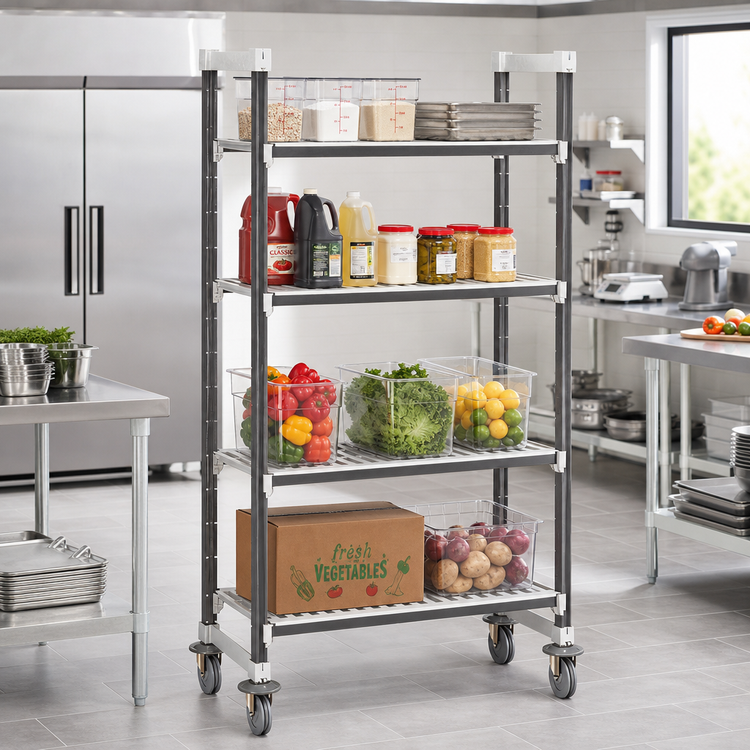 Product image #2 for Cambro Camshelving Elements XTRA High Density 4-Shelf Mobile Starter Unit, 21 x 60 x 78-1/4 Inches, Vented Shelves, Speckled Gray