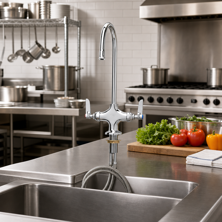 Product image #2 for T&S Brass Double Pantry Deck-Mount Mixing Faucet with 5 3/4" Swivel/Rigid Gooseneck