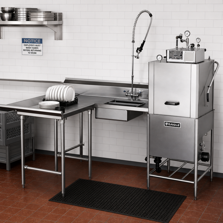 Product image #2 for Eagle Group Island Soiled Dishtable with Dish Landing Shelf and Pre-Rinse Sink, Right-to-Left Operation