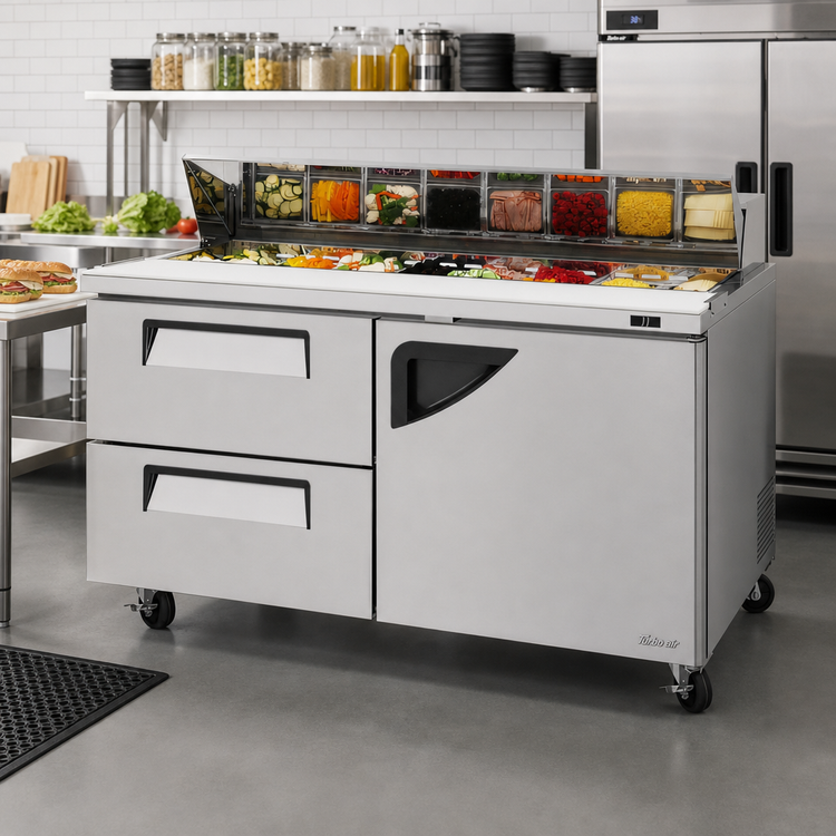 Product image #2 for Turbo Air Super Deluxe 60-Inch Two-Section Sandwich/Salad Prep Table with 2 Drawers and 1 Right-Hinged Door