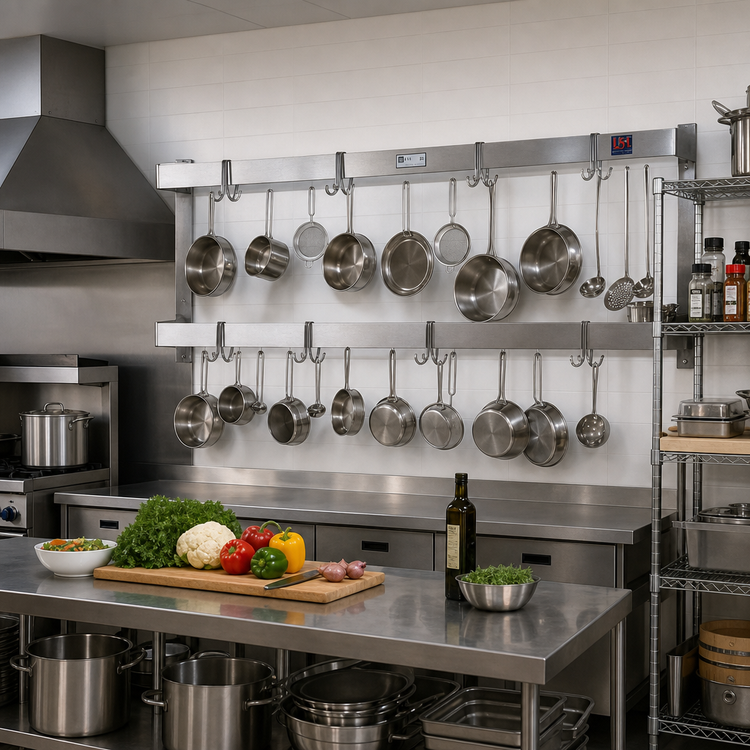Product image #2 for John Boos PRW27 144-Inch Wall-Mount Double-Bar Stainless Steel Pot Rack with 24 Hooks