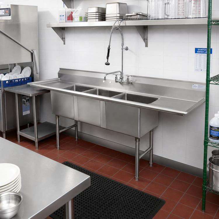 Product image #2 for Advance Tabco 3-Compartment Fabricated Sink with Left & Right Drainboards, 24 x 30 x 14-Inch Bowls, 144-Inch Length