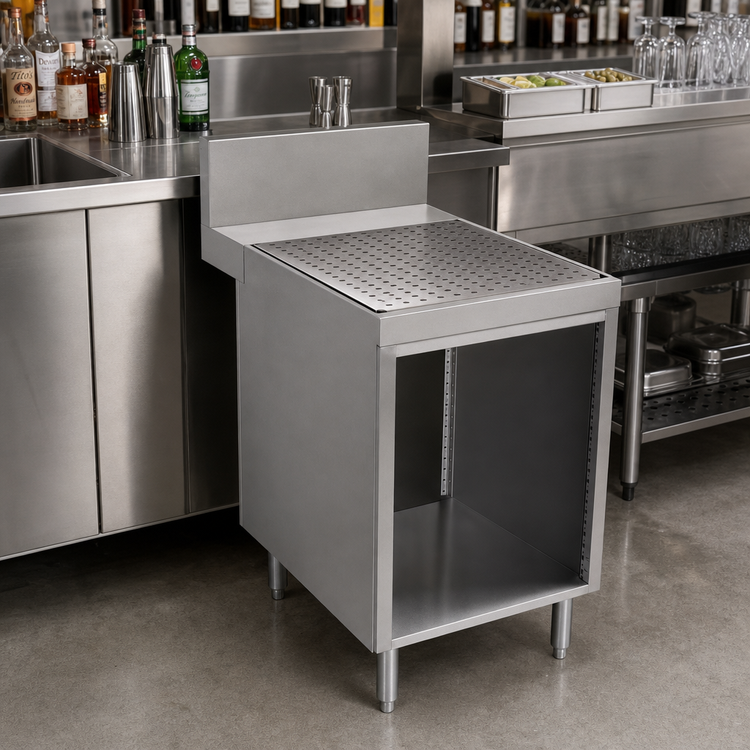 Product image #2 for Advance Tabco Prestige Supreme 24-Inch Open Front Stainless Steel Underbar Drainboard Cabinet with 7-Inch Backsplash