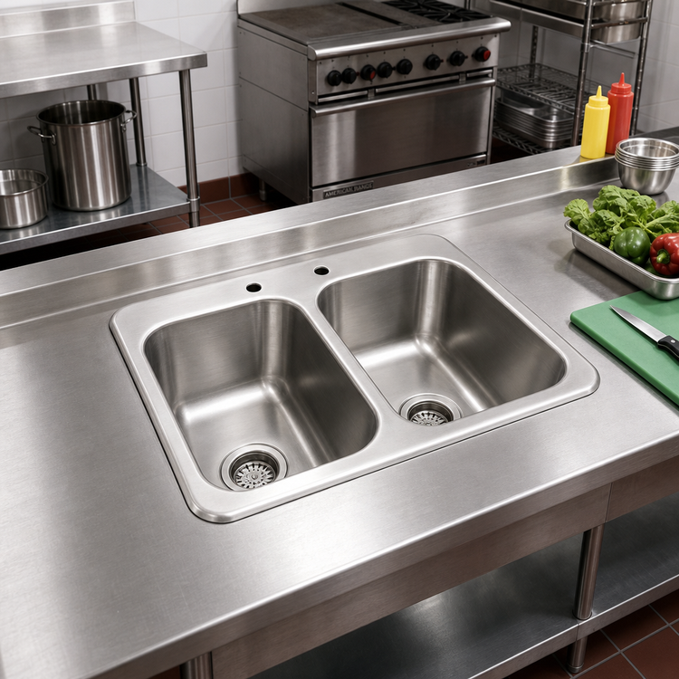 Product image #2 for BK Resources Two-Compartment Drop-In Sink with Basket Drains, 24 x 18-1/2 x 10 Inches, 304 Stainless Steel