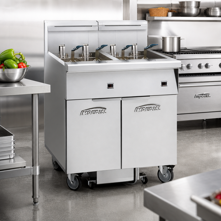 Product image #2 for 4-Battery Electric Floor Fryer with Built-In Space Saver Filter System, 50 lb. Tanks