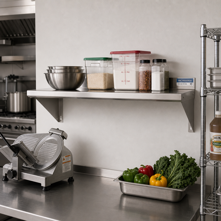 Product image #2 for BK Resources T-304 48 Inch x 12 Inch 18-Gauge Stainless Steel Wall Shelf with 1-1/2 Inch Rear Turn-Up