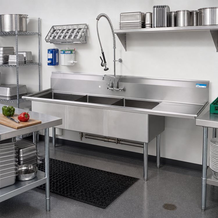 Product image #2 for BK Resources Three-Compartment Stainless Steel Sink with Right Drainboard, 74-1/2-Inch Wide, 18 x 18 x 12 Bowls