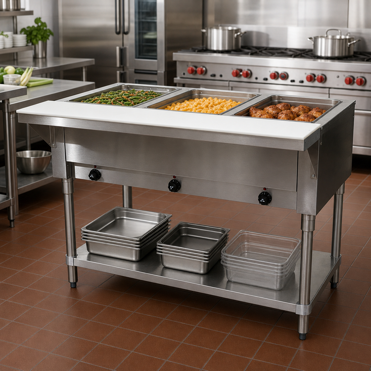 Product image #2 for Advance Tabco Triumph (Supreme) 3-Well Electric Hot Food Table with Open Base and Poly Cutting Board, 47-1/8 Inch Wide
