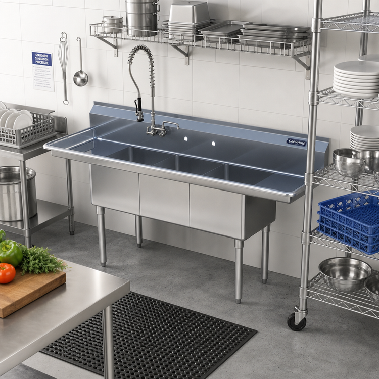 Product image #2 for Sapphire Manufacturing 120-Inch 3-Compartment Stainless Steel Sink with Dual Drainboards