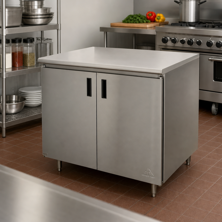 Product image #2 for Advance Tabco Special Value Economy Enclosed Work Table with Cabinet Base, 36 x 30 Inches, 304 Stainless Steel Top