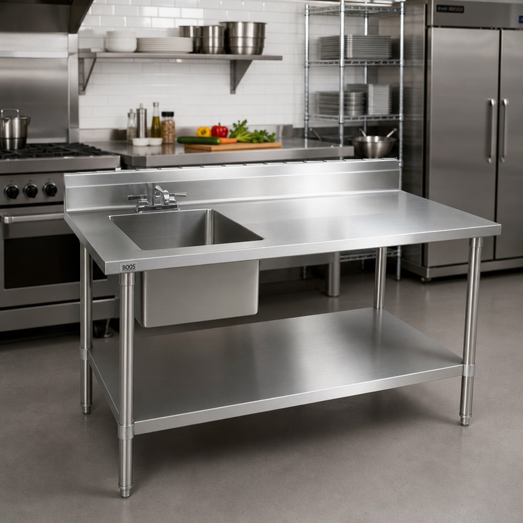 Product image #2 for John Boos 48" x 30" Stainless Steel Prep Sink Table with Left Bowl and 5" Backsplash