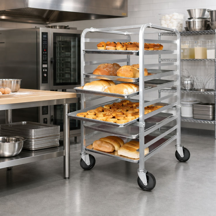 Product image #2 for Mobile Aluminum Sheet Pan Rack, 10 Full-Size or 20 Half-Size Pan Capacity, 400 lb, Fixed Slides