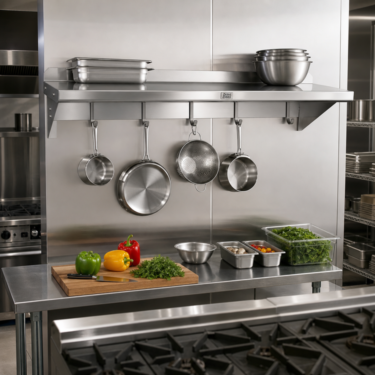 Product image #2 for John Boos Stallion Wall-Mount Stainless Steel Pot Rack Shelf with 4 Hooks, 48 x 18 Inches