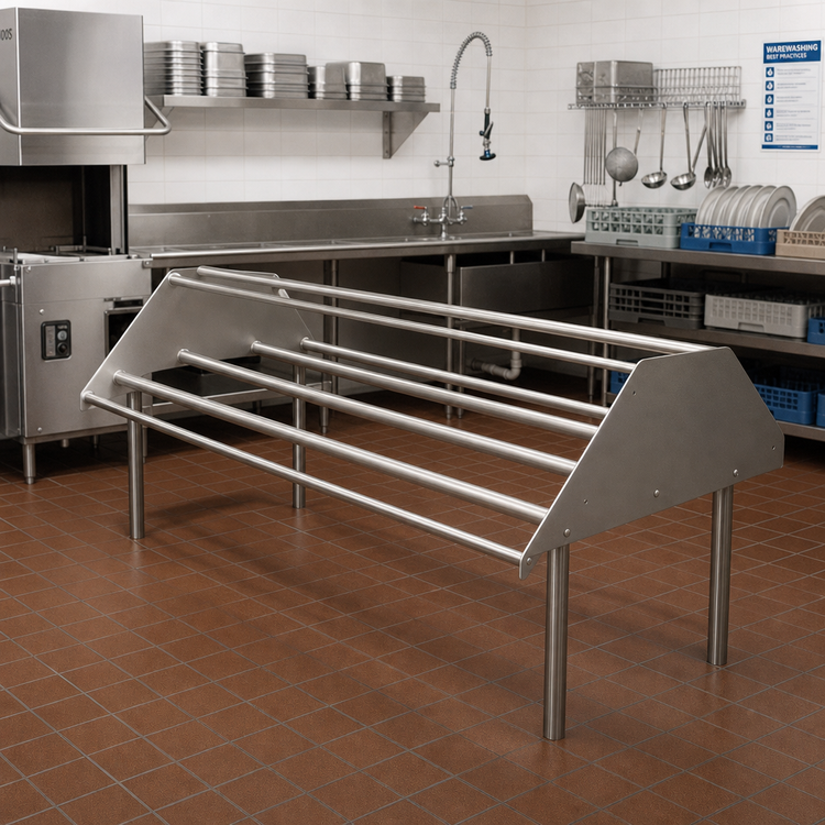 Product image #2 for John Boos Double-Sided Tubular Stainless Steel Sorting Shelf for Soiled Dish Tables, 144 x 30-1/2 x 32 Inches