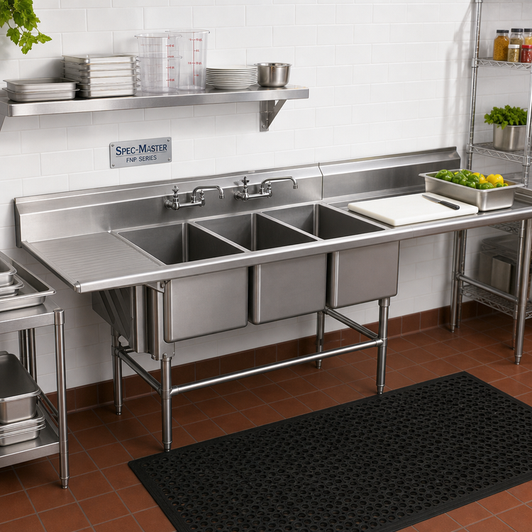 Product image #2 for Spec-Master FNP Series Three-Compartment Prep Sink with 24-Inch Left Drainboard and 48-Inch Right Prep Area