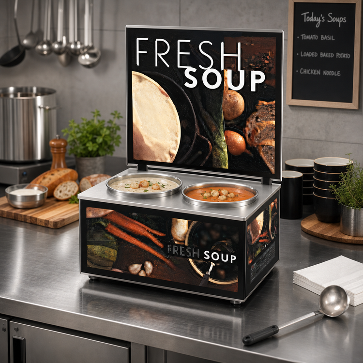 Product image #2 for Vollrath Cayenne Twin Well Countertop Soup Merchandiser with Menu Board and Tuscan Graphics, 2 x 7-1/4 Qt Insets