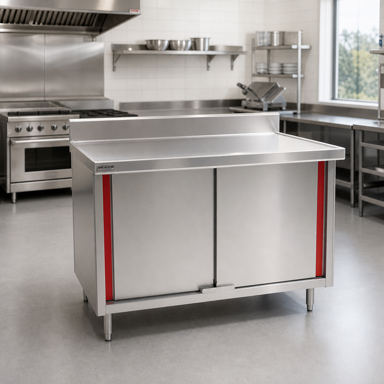 Product image #2 for Eagle Spec-Master Marine Series Stainless Steel Enclosed Work Table, 72" x 30", with Hinged Doors and 4-1/2" Backsplash