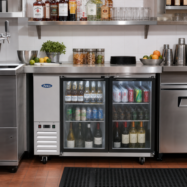 Product image #3 for Atosa Two-Section Glass Door Back Bar Cooler, 48 Inch, Self-Contained Side-Mount Refrigeration, Stainless Steel