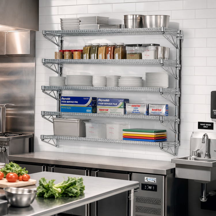 Product image #2 for QuadTruss 5-Tier Piggyback Wall-Mounted Wire Shelf Kit, 30W x 18D, Chrome
