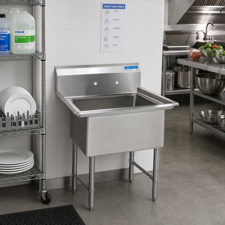 Product image #2 for BK Resources One Compartment Stainless Steel Sink, 21-Inch Wide, 16 x 20 x 12-Inch Bowl, 9-Inch Backsplash