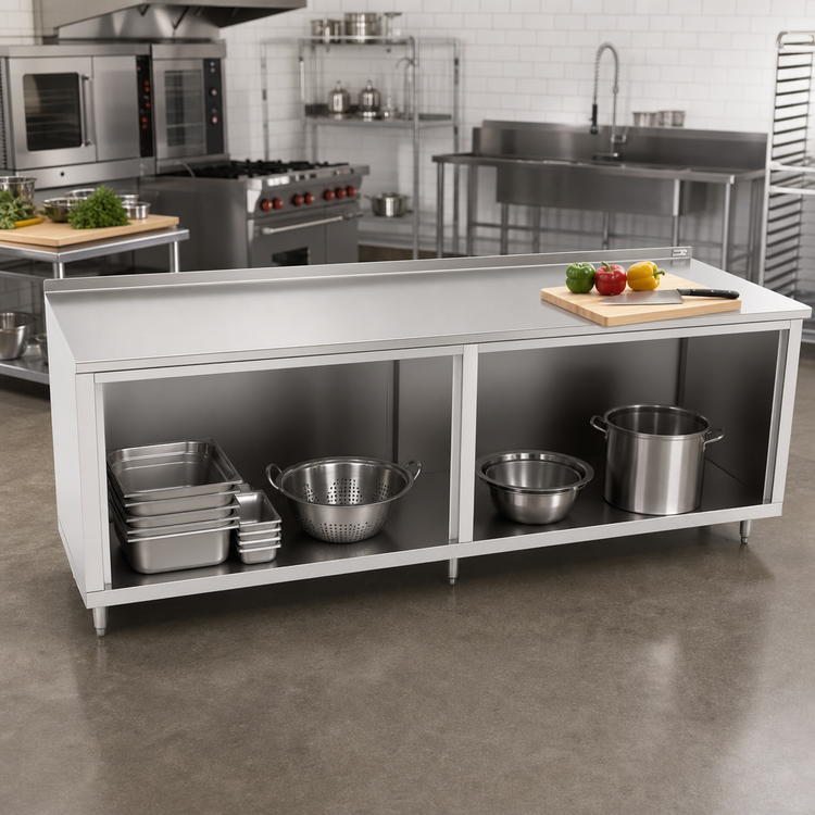 Product image #2 for John Boos Modular Base Open Front Cabinet Work Table, 144W x 30D, 14-Gauge 300-Series Stainless Steel Top, 1-1/2" Rear Riser