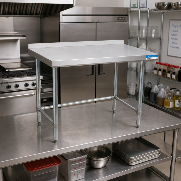 Product image #2 for BK Resources Open Base Riser Top Work Table, 84" W x 18" D, 18-Gauge Stainless Steel Top