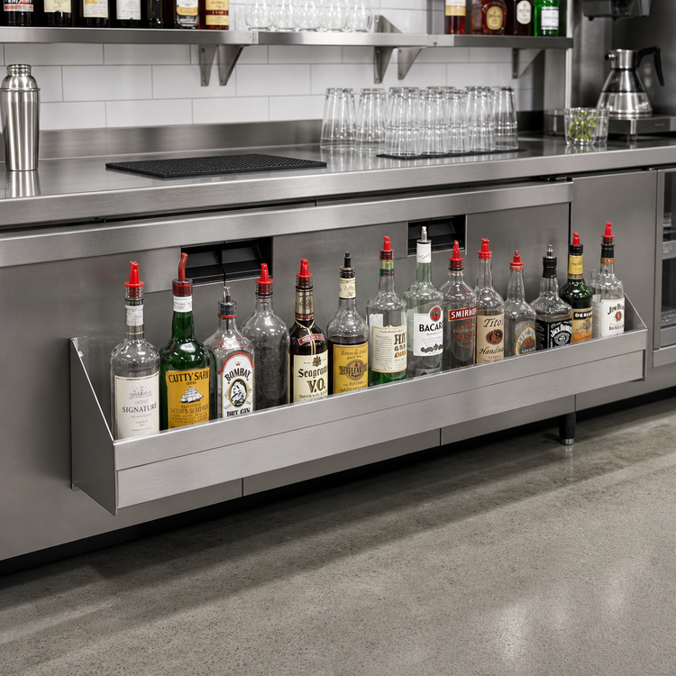 Product image #2 for Advance Tabco Underbar Basics Single-Tier Stainless Steel Speed Rail, 96 Inch, 27-28 Bottle Capacity