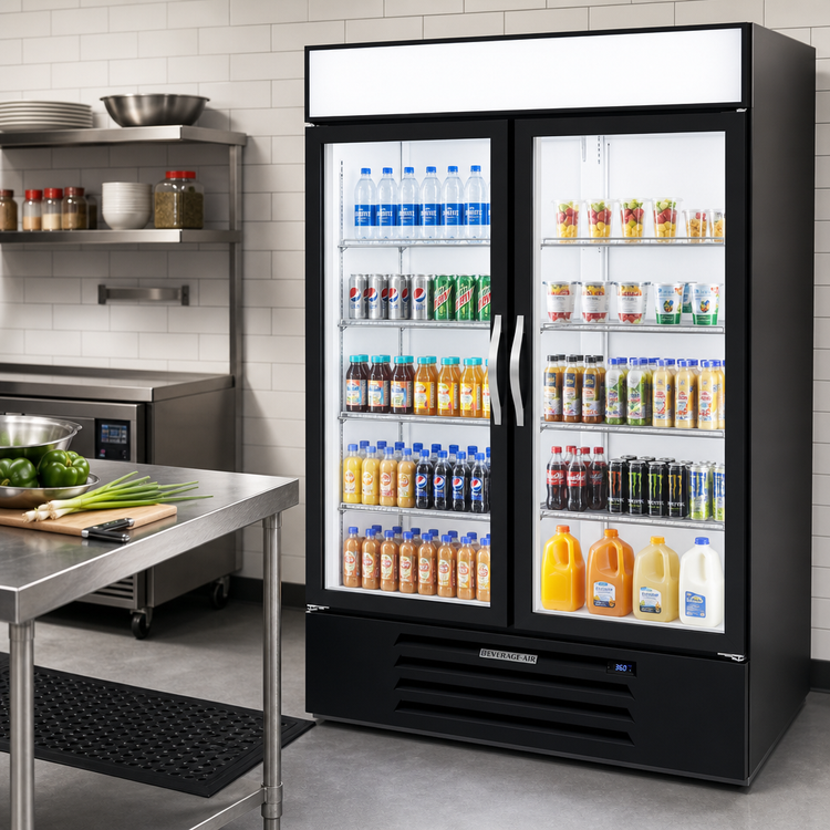Product image #2 for Beverage-Air MarketMax 2-Section Glass Door Reach-In Refrigerator Merchandiser, Black, Bottom-Mount, 46.15 Cu. Ft.