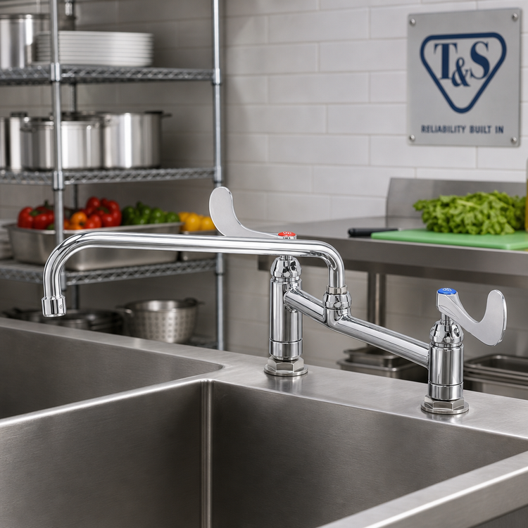 Product image #2 for T&S Brass Double Pantry Deck-Mount Mixing Faucet with 12-Inch Swing Nozzle, 8-Inch Adjustable Centers