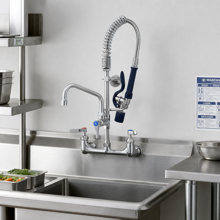 Product image #3 for T&S Brass Mini Pre-Rinse Wall Mount Mixing Faucet with Add-On Faucet, 8-Inch Centers and 6-Inch Swing Nozzle