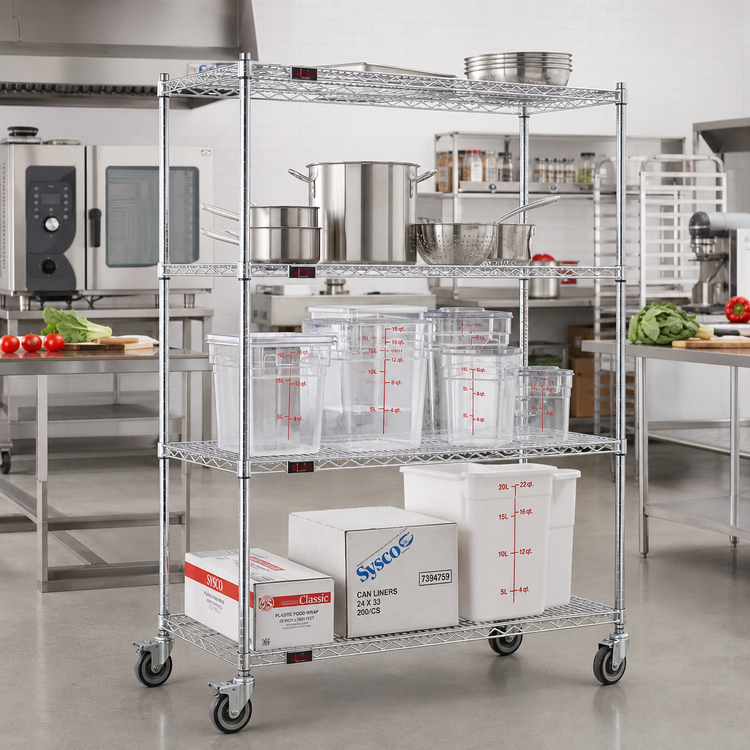 Product image #2 for Eagle Group 4-Tier Chrome Wire Shelving Dolly Truck, 24 x 36 Inch Shelves, 69 Inch High, 5 Inch Poly Swivel/Brake Casters