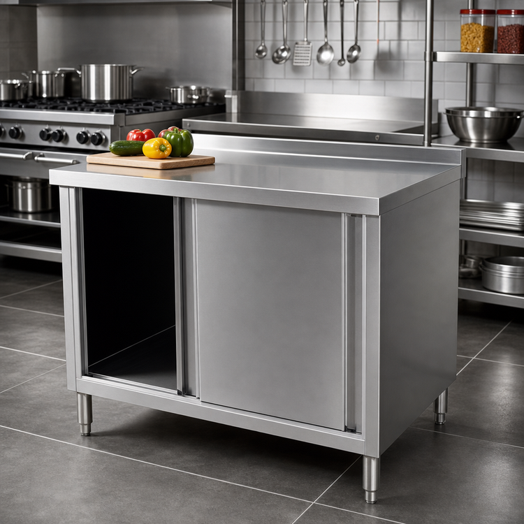 Product image #2 for 60" x 24" Stainless Steel Cabinet Base Work Table with Sliding Doors and 2" Rear Up-Turn