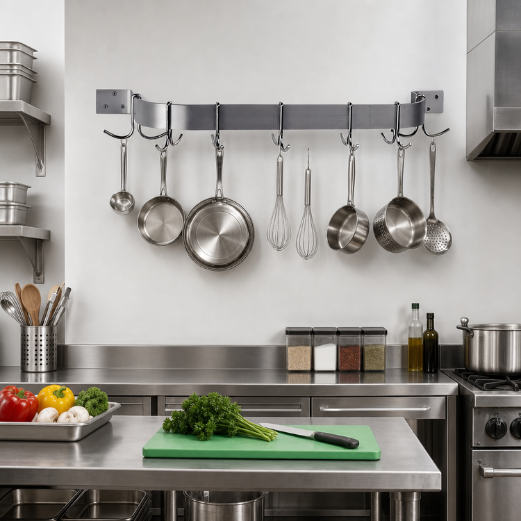 Product image #2 for Advance Tabco 84-Inch Wall-Mounted Single-Bar Stainless Steel Pot Rack with 9 Double Hooks