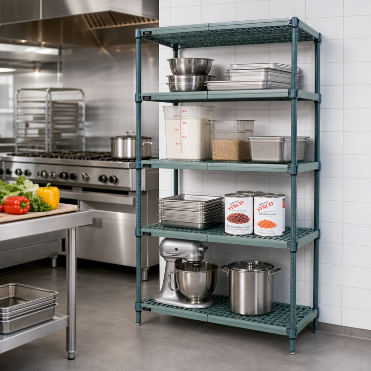 Product image #2 for Quantum 4-Tier Stationary Wire Plastic Mat Shelving Unit, 72 x 14 x 86 Inches, Green Epoxy Coated