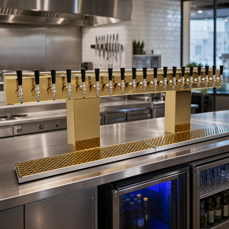 Product image #2 for Glastender 20-Faucet Countertop Bridge Draft Dispensing Tower, Glycol-Cooled, Polished Brass Finish