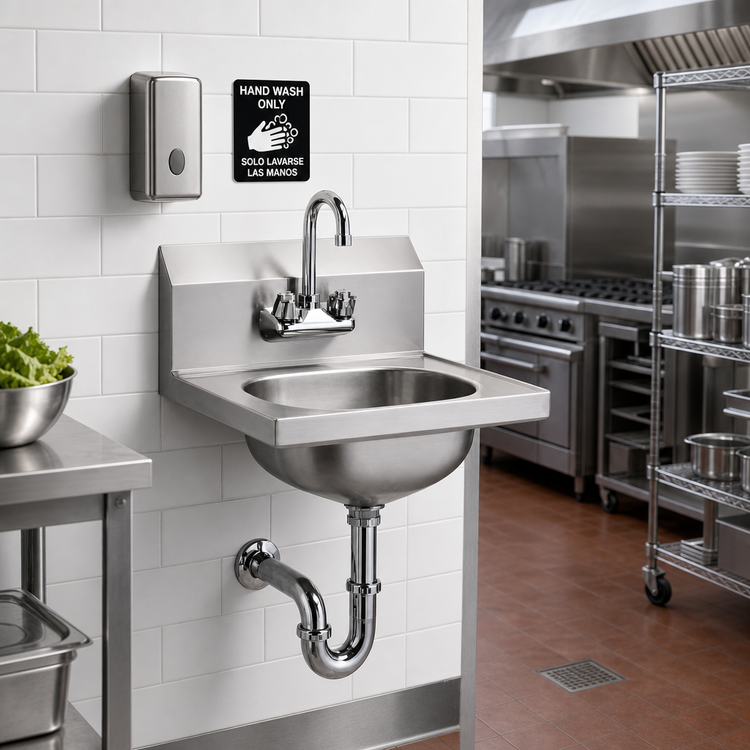 Product image #2 for Traditional Wall-Mount 304 Stainless Steel Hand Sink with Splash-Mount Gooseneck Faucet, P-Trap, Tailpiece and Basket Drain